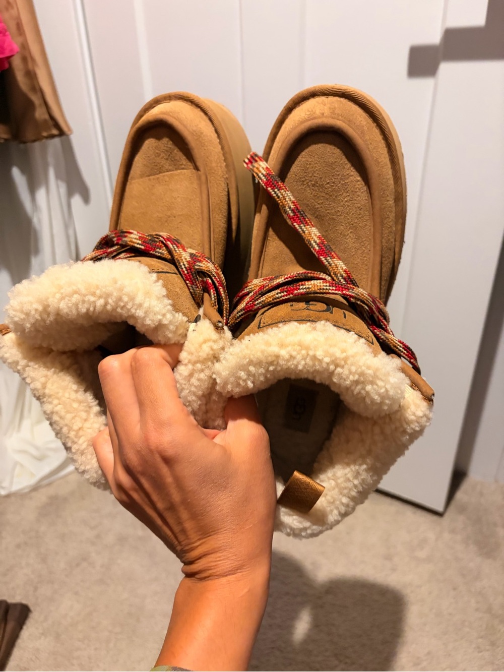 UGG Women Chestnut Suede Shearling-Lined Boot with Plaid Laces - Picture 4 of 8